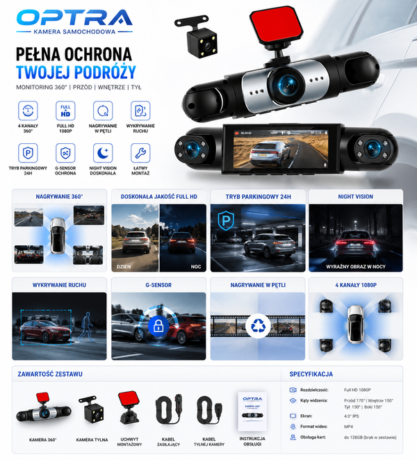 Kamera Samochodowa 360° Optra — 4 Obiektywy (Przód, Tył, Boki) + Karta 64GB GRATIS